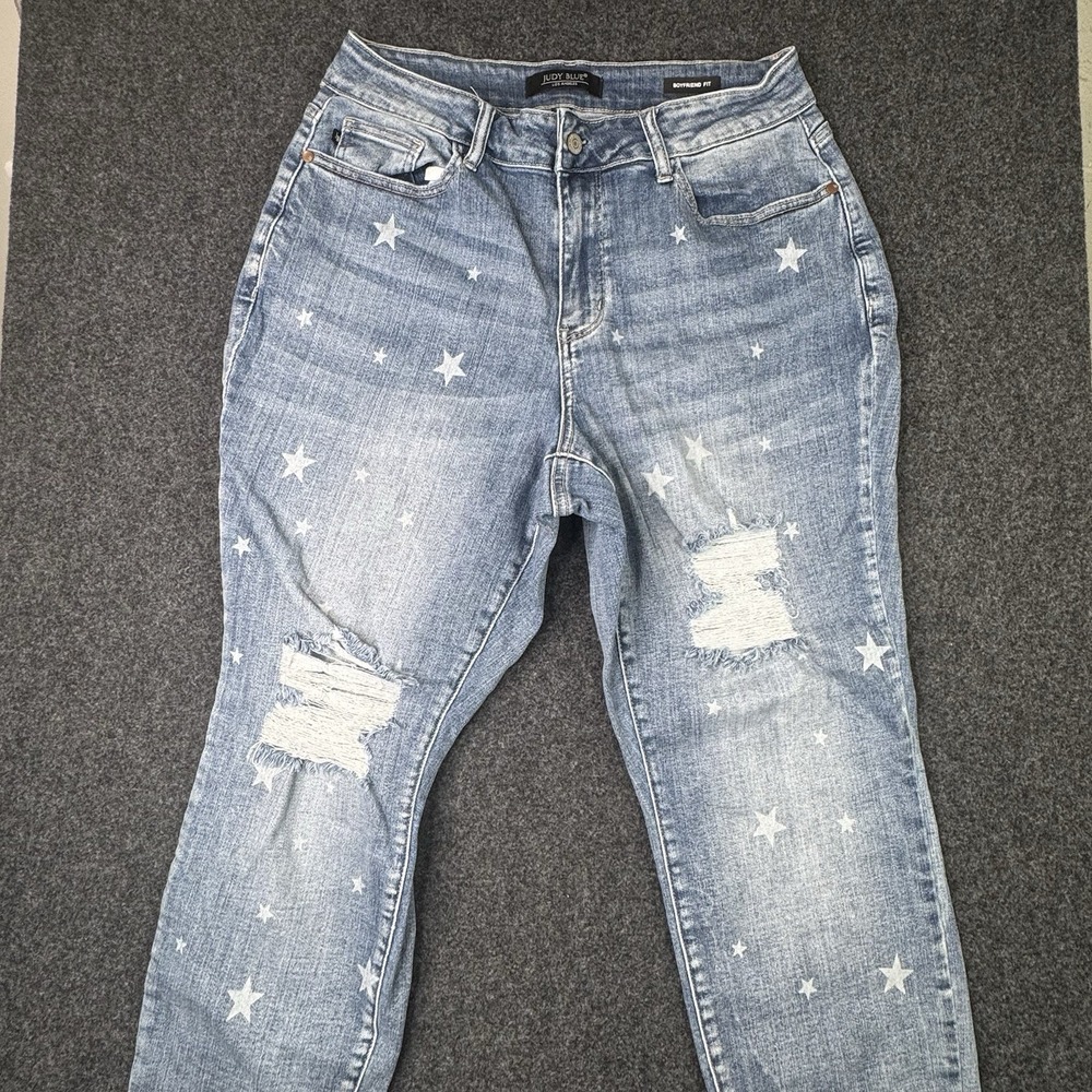 Judy Blue Jeans Womens 14W Boyfriend Fit Star Print Distressed Medium Wash